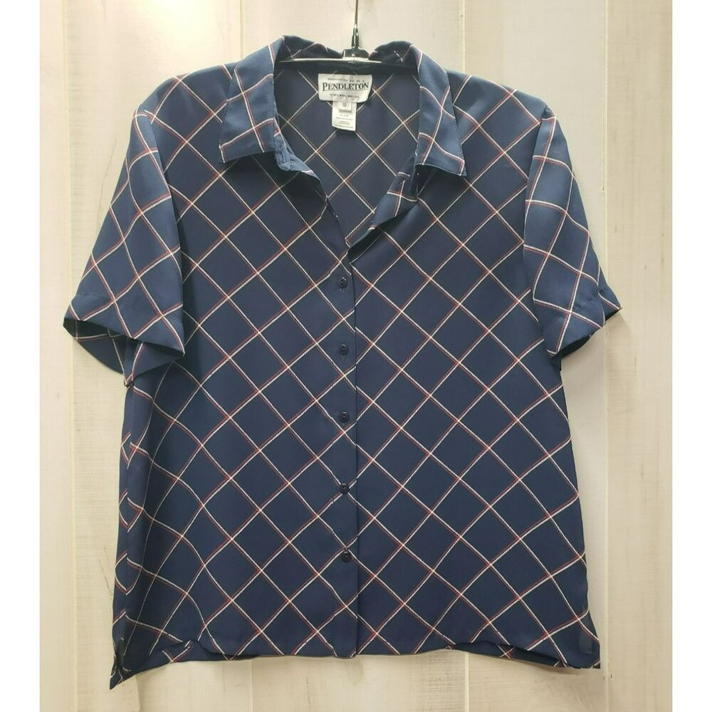 Pendleton Sheer Button Front Blouse, Short Sleeve, Sz 10, Blue w Plaid Design